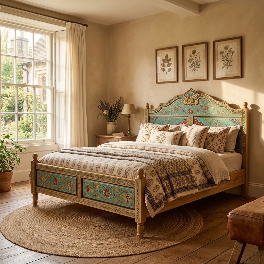 Jaipuri Hand Painted Solid Wood Bed