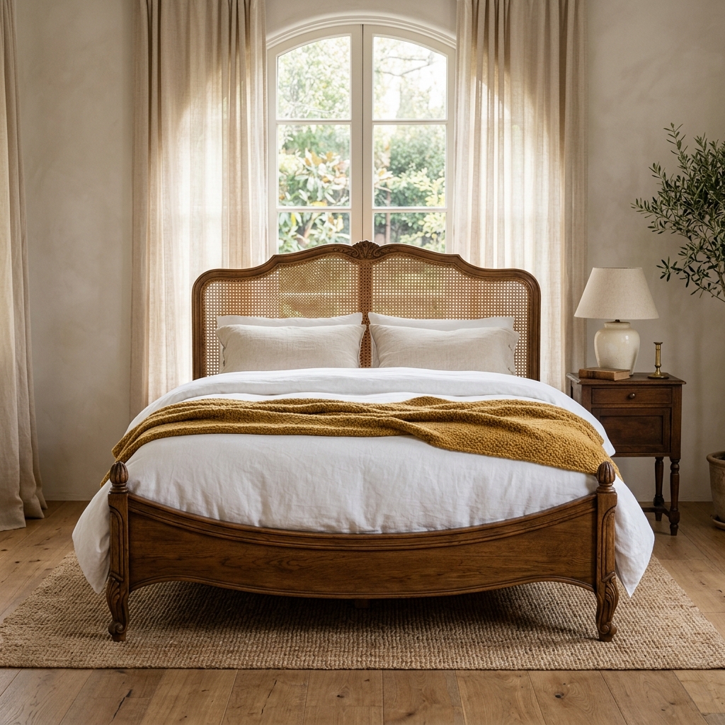 Modesto Antique Solid Wood Rattan Bed